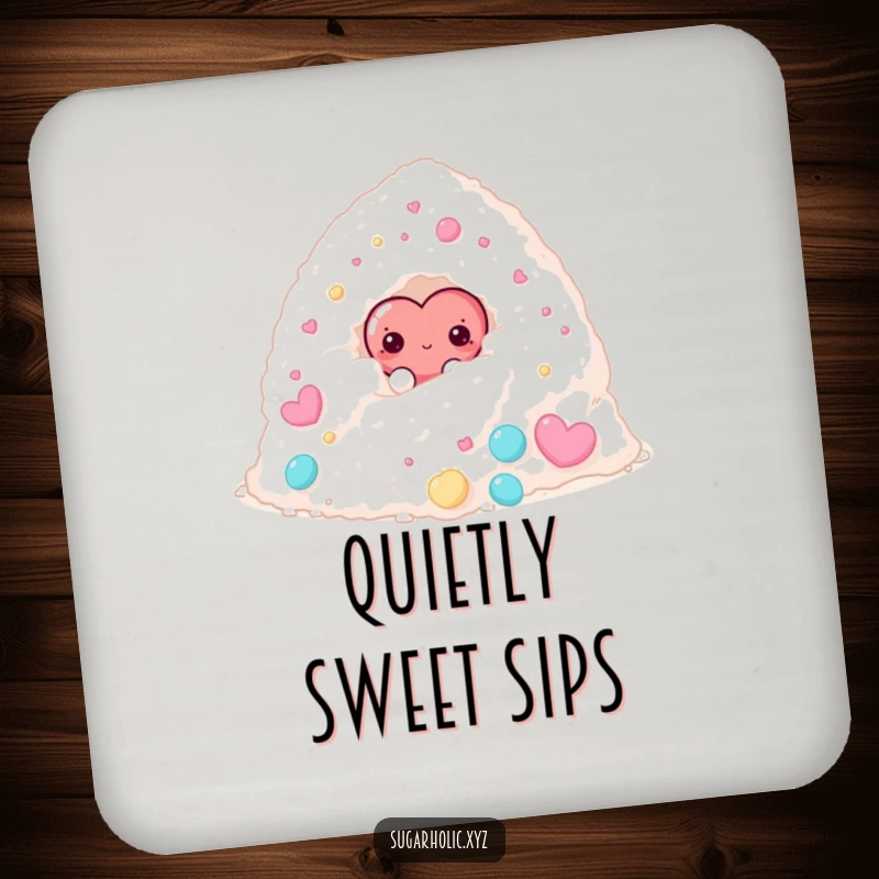 Funny drink coasters with a shy candy heart character peeking from behind a large sugar pile, offering sweet protection.