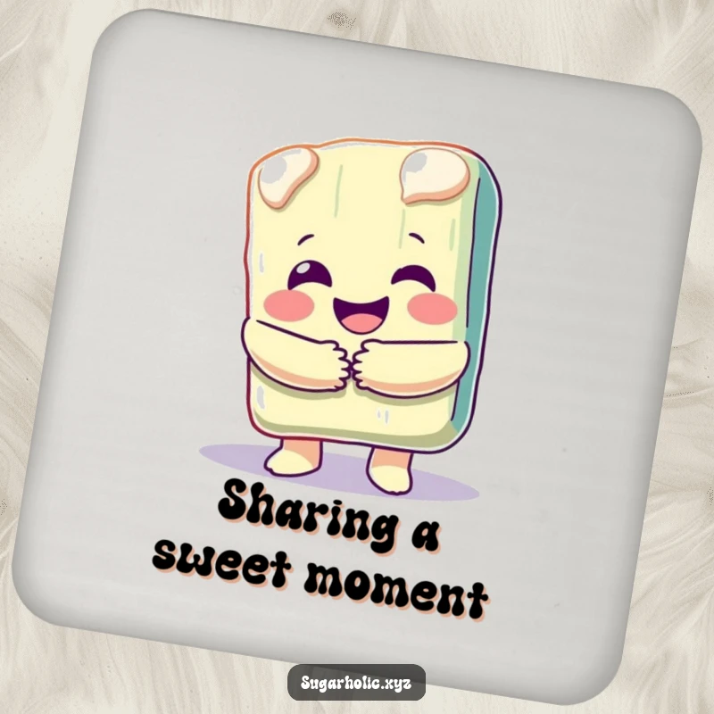 Funny coaster with a happy, melting candy bar character giving a generous hug, protecting surfaces with sweetness.