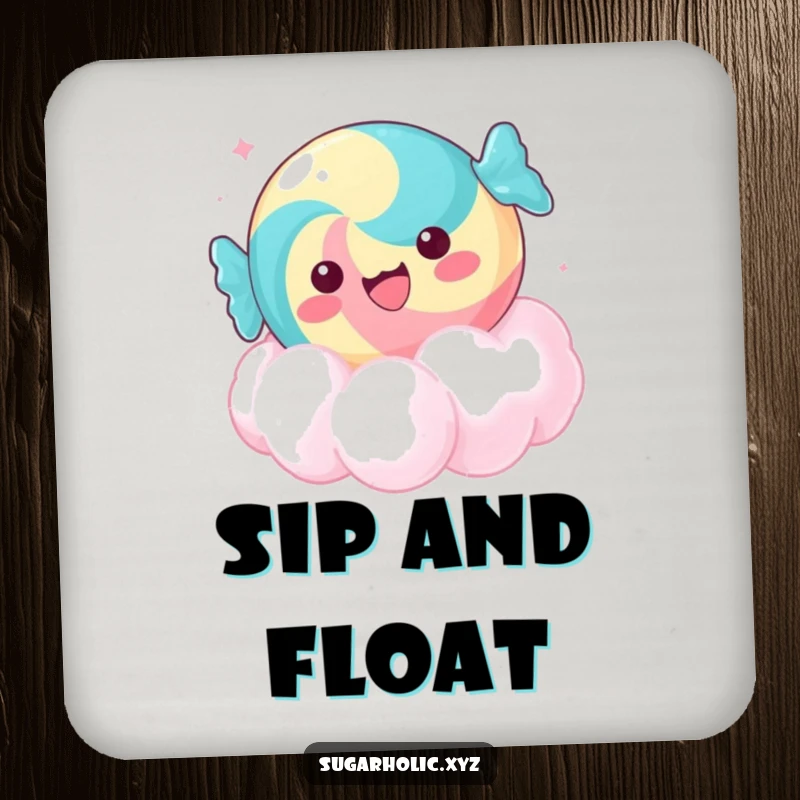 Funny delighted candy coaster, floating on a sugar cloud, adding humorous protection to surfaces and as a gift.