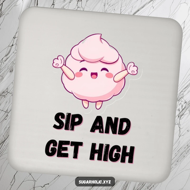 Funny drink coaster with a gleeful candy floss character floating happily upwards, perfect for protecting surfaces sweetly.