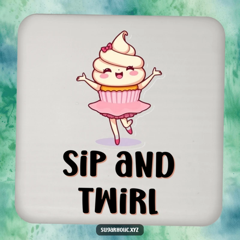 Funny drink coaster with a delighted cupcake character in a graceful ballet twirl, perfect for protecting surfaces with sweet and elegant charm.