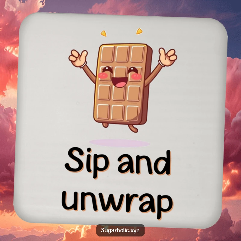 Funny chocolate bar character doing a celebratory jump, designed as a humorous drink coaster for surface protection.