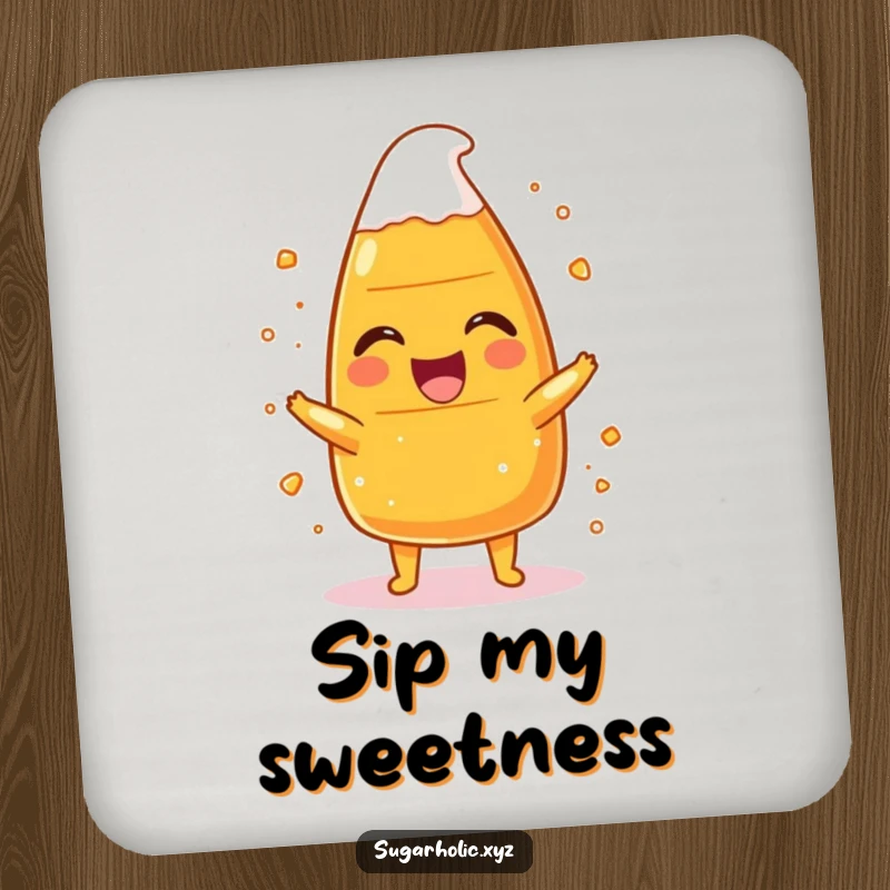Funny candy corn character laughing hysterically, dusted with sugar, featured on a humorous and protective drink coaster.