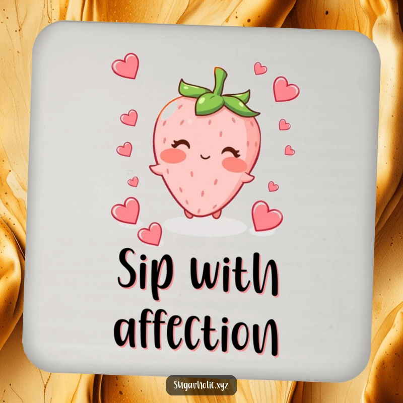 Funny blushing strawberry character fluttering tiny heart-shaped candies, protecting surfaces with cute drink coasters.