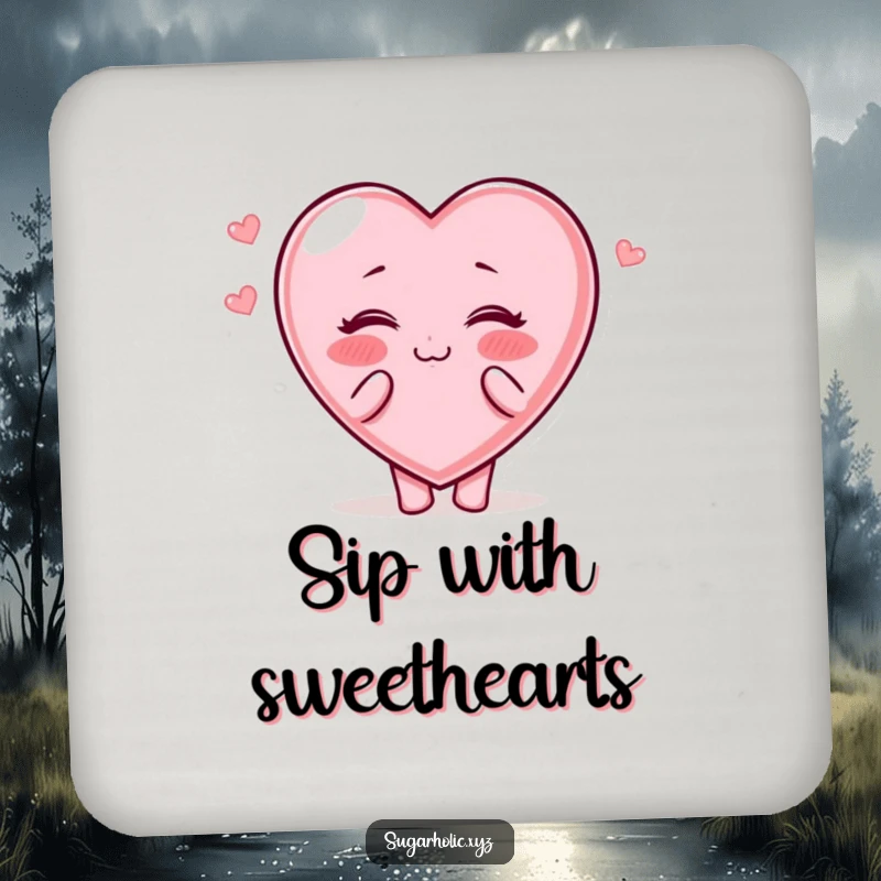 Funny Coasters: Set displays a candy heart character blowing kisses, perfect for protecting surfaces.