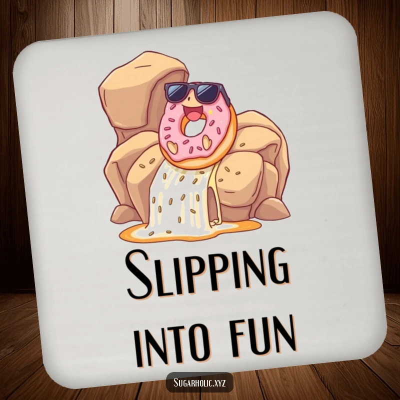 Funny donut with sunglasses sliding down a caramel waterfall on a drink coaster, protecting surfaces with humor and style.