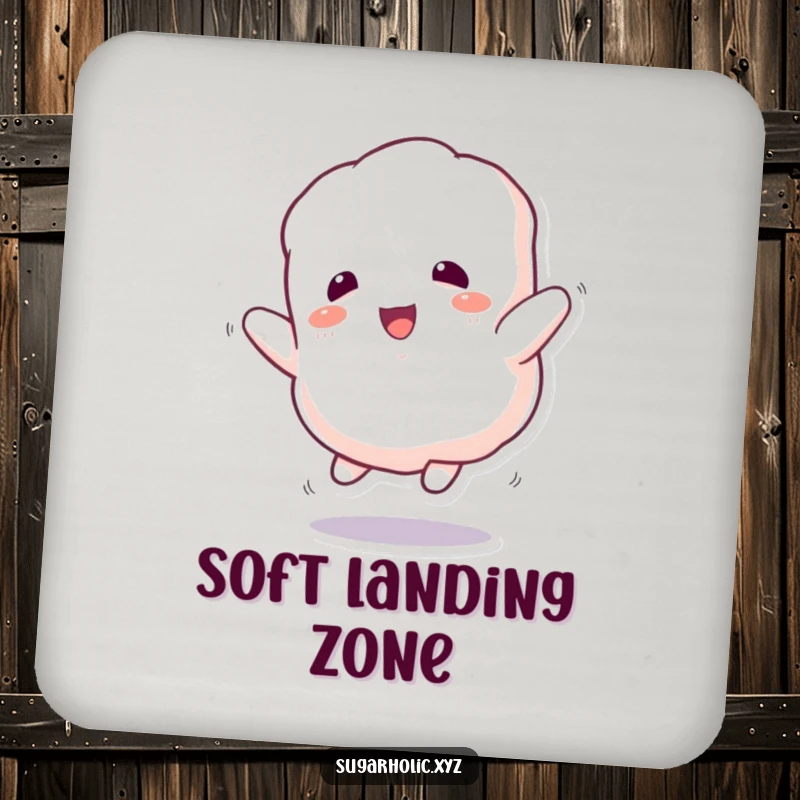 Funny Coasters: Set displays a fluffy marshmallow character bouncing enthusiastically, perfect for drink protection.