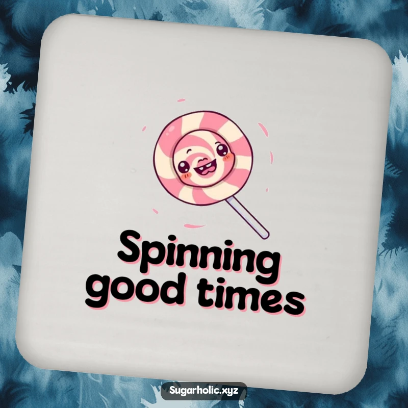 Funny drink coasters with a gleeful lollipop character spinning in a whirlwind of sugary delight, offering sweet protection.