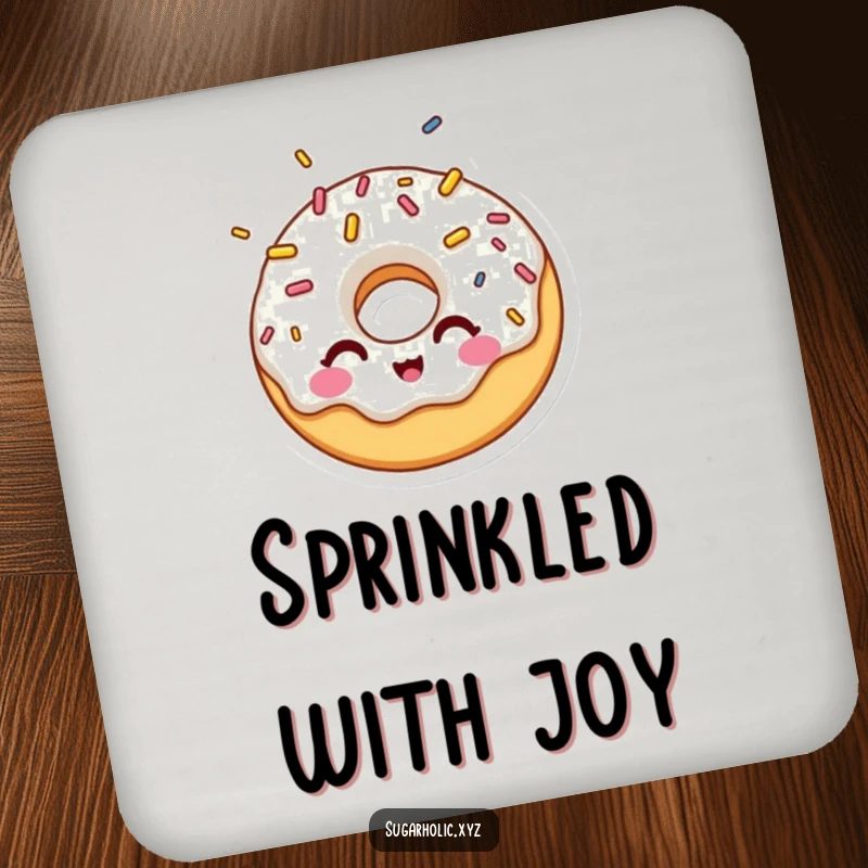 Funny drink coasters with a surprised donut character winking playfully, showered in colorful sprinkles, for surface protection.