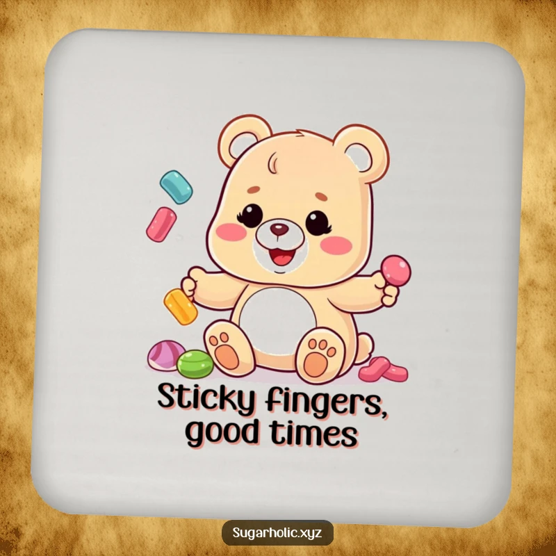 Funny Gummy Bear Coaster: A silly gummy bear juggles colorful candies with a sticky grin, a humorous addition to any table.