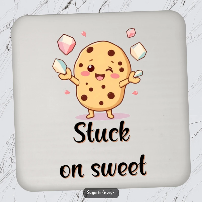 Funny drink coasters showcasing a beaming cookie character juggling sugar crystals, adding humor to any tabletop.