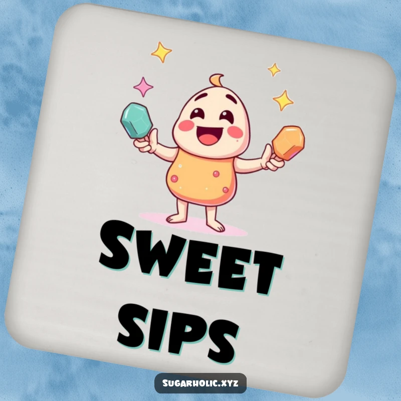 Funny candy character juggling sparkling rock candies, designed as a humorous drink coaster for surface protection.