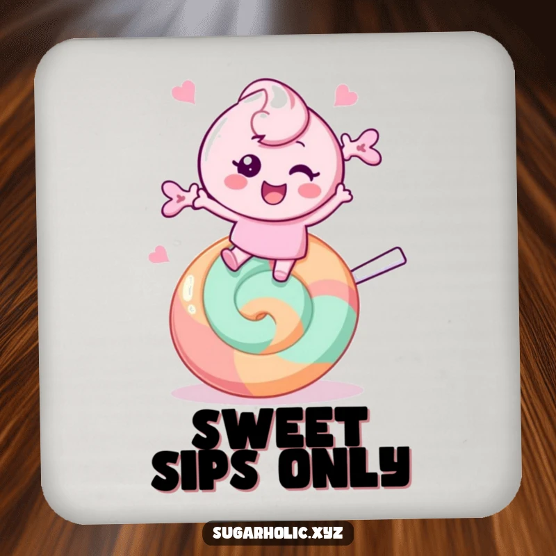 Funny Coaster: Cheerful candy character bounces on a giant lollipop, protecting surfaces with a splash of sweet fun.