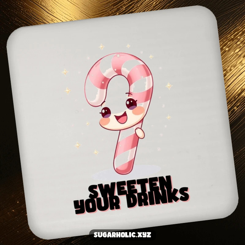 Funny drink coaster with a cheerful candy cane showering itself with sparkling sugar, protecting surfaces festively.
