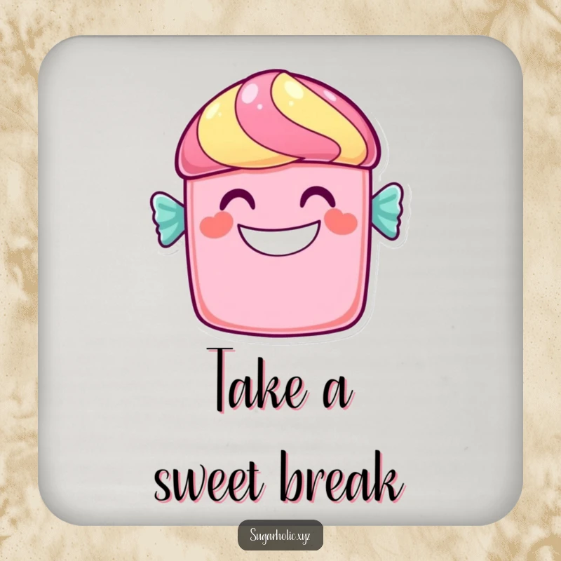 Funny candy bar coasters featuring a cheerful character with a wide, sweet grin, adding a touch of sweet humor.