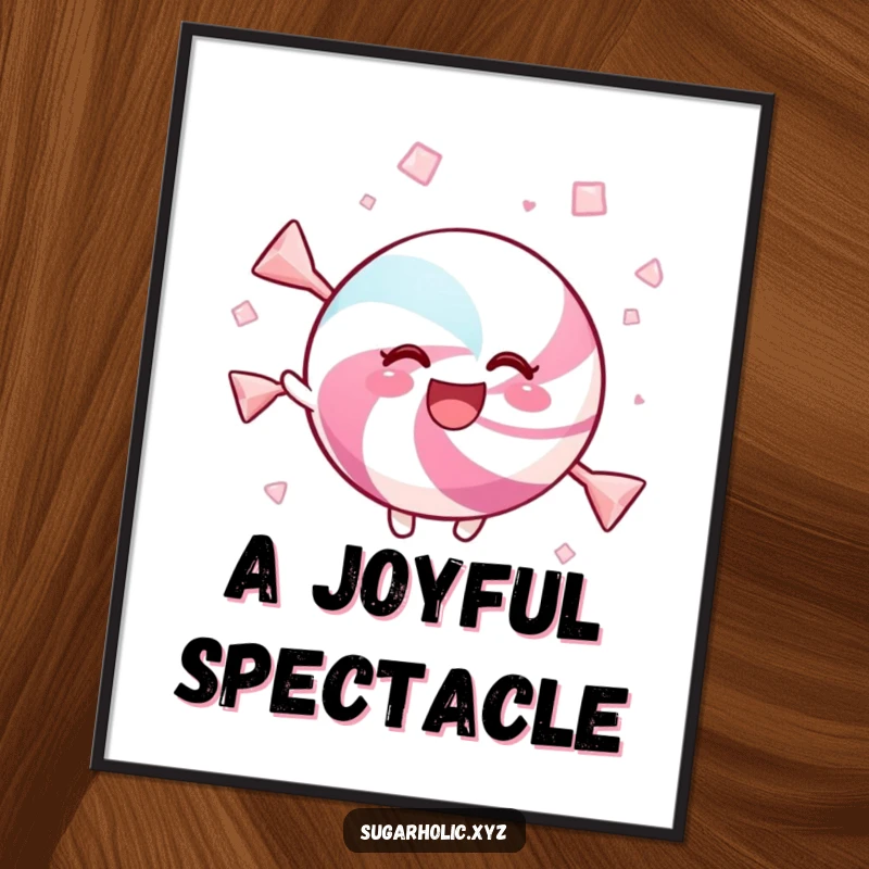 Funny poster showcasing a delighted candy joyfully twirling in a shower of sweet crystals, adding a sweet vibe.