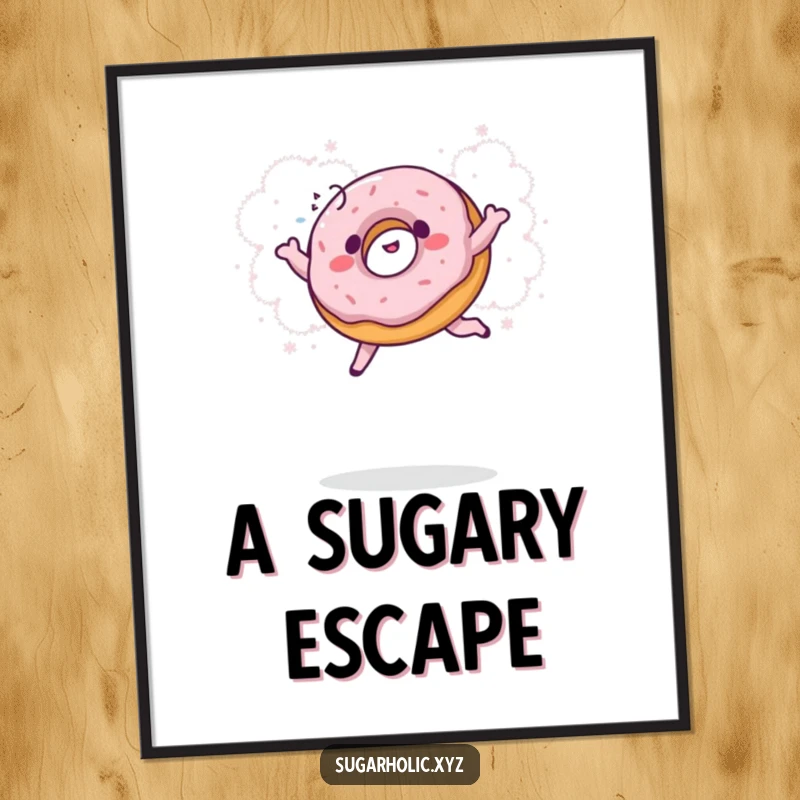 Funny donut poster depicting a giggling donut in mid-air, joyfully plunging into a fluffy cloud of powdered sugar, a cheerful art piece.