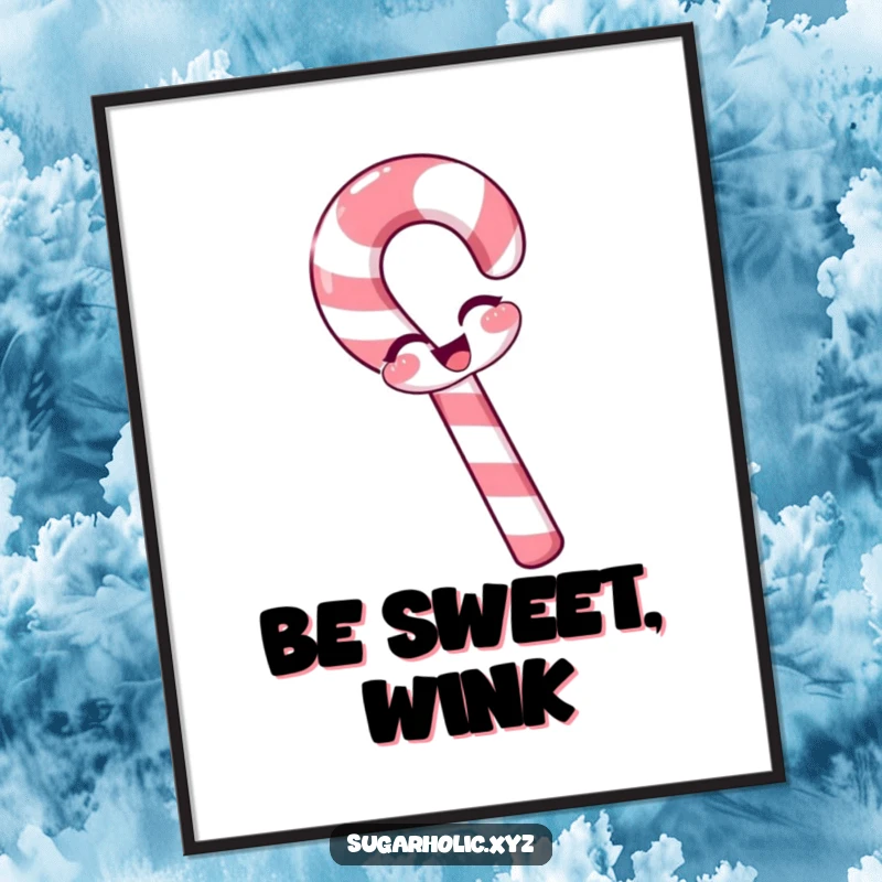 Funny candy cane poster with a slight bend, winking playfully, festive and cheerful wall art, makes a great funny gift.