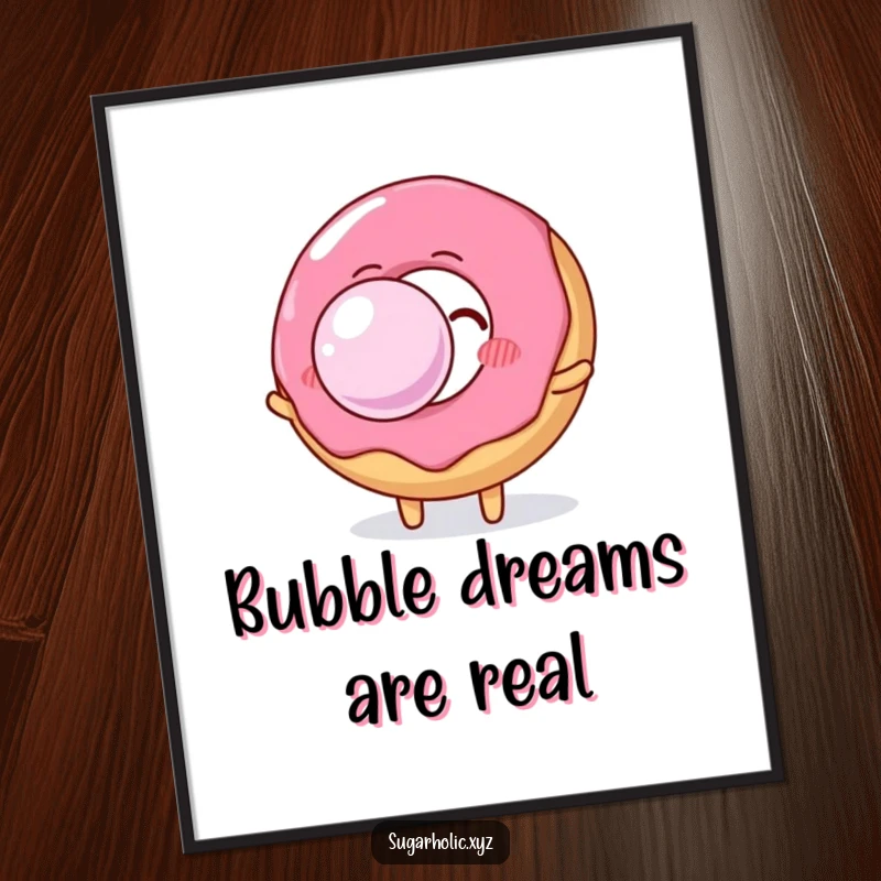 Vibrant funny donut character blowing an enormous, shimmering bubble gum bubble, creating a joyful and whimsical wall art.