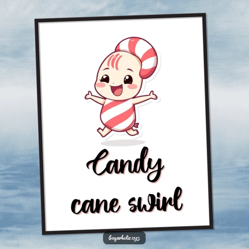 Funny grinning candy cane character doing a playful spin, displayed as vibrant wall art poster, embodying holiday merriment.