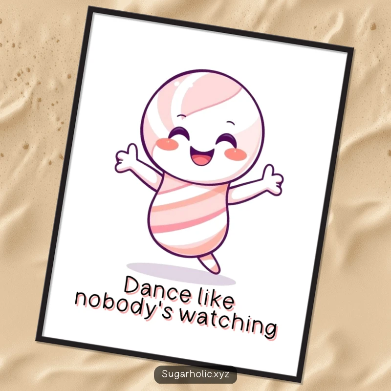 Funny candy cane poster, smiling and doing a joyful shimmy, perfect for humorous holiday decor and gifts.
