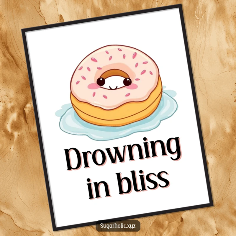 Funny poster illustrating a carefree donut character blissfully swimming in a decadent pool of frosting, spreading sweet vibes.