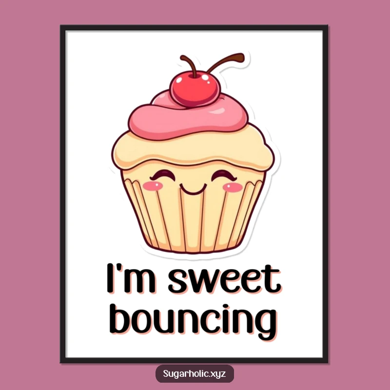 Funny Bouncing Cupcake Poster: Sweet Wall Art, Cherry Delight Captured, Wonderful Funny Gift Decor