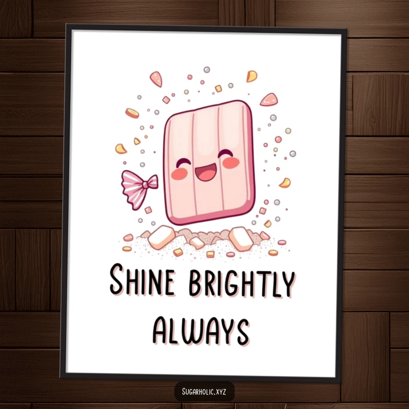 Funny whimsical candy bar shattering into sparkling sugar particles, depicted as vibrant wall art for a cheerful and dazzling atmosphere.