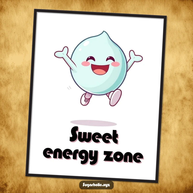 Funny Poster of a grinning candy character captured mid-leap with infectious sugary excitement, ideal for vibrant wall decor.