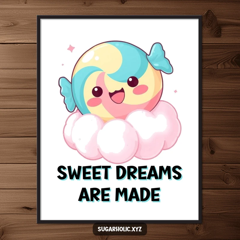 Funny delighted candy poster, floating on a sugar cloud, perfect for humorous wall decor and as a gift.