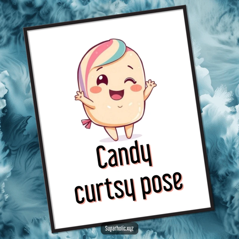 Funny candy poster art of a smiling candy character doing a flamboyant curtsy. Elegant, humorous, and eye-catching wall decor.