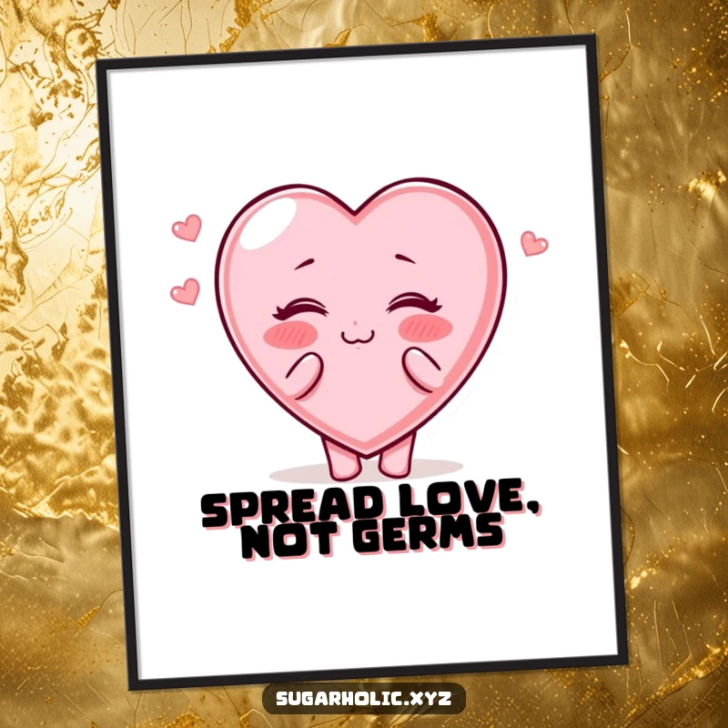 Funny Poster: A candy heart character with rosy cheeks cheerfully blows kisses, spreading love and joy.