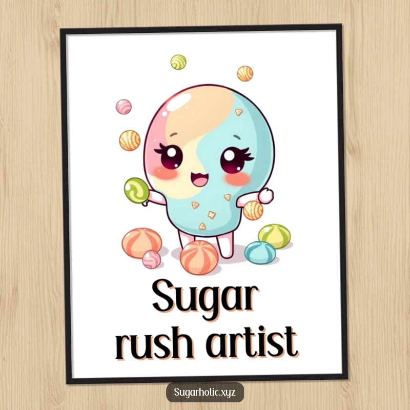 Funny Poster: Winking candy piece skillfully juggling glittering candies, looking magical. Perfect funny gift.