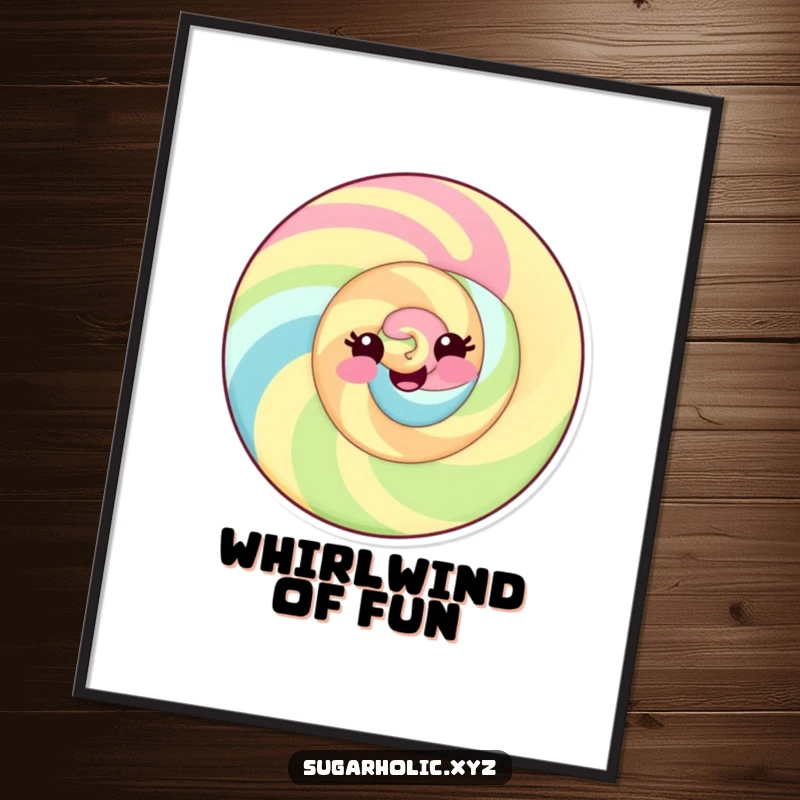 Funny poster featuring a delighted candy swirl character with a playful smile, adding cheerful ambiance.