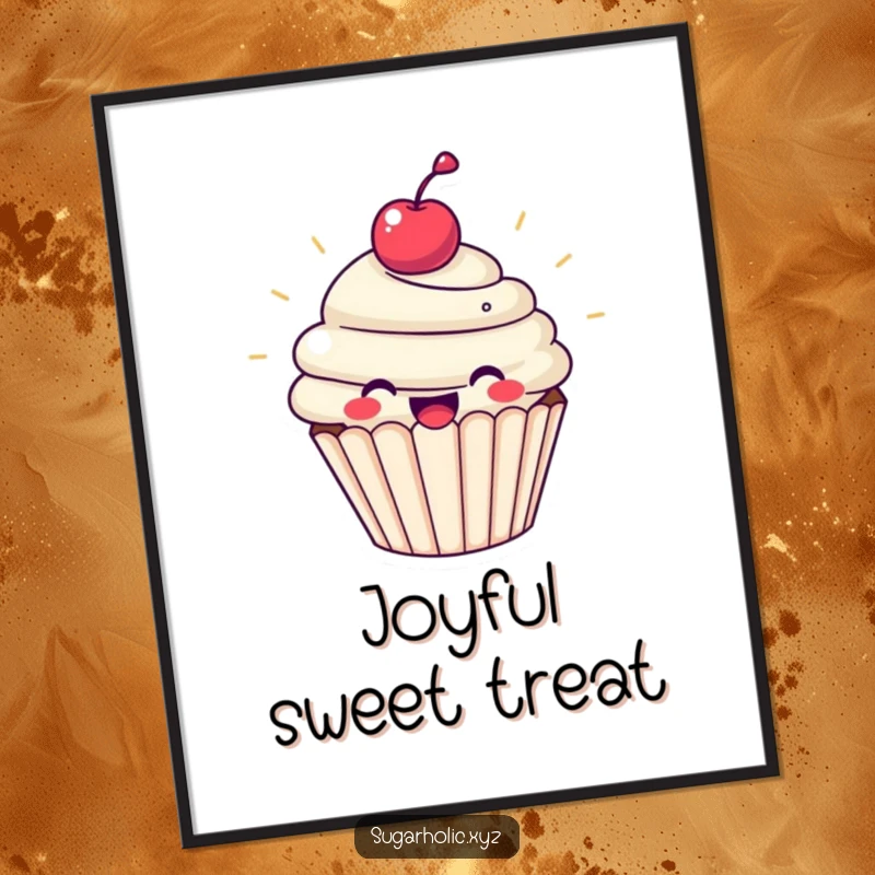 Funny cupcake poster art of a beaming cupcake with a cherry, radiating pure joy. Sweet, cheerful, and uplifting wall decor.