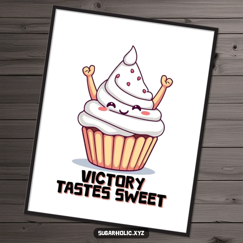 Funny poster showcasing a triumphant cupcake proudly offering a mountain of sugar, representing sweet achievements.