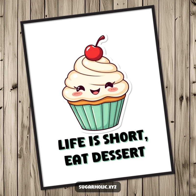 Funny poster of a cheerful cupcake with a cherry on top, captured in a happy cheering moment.