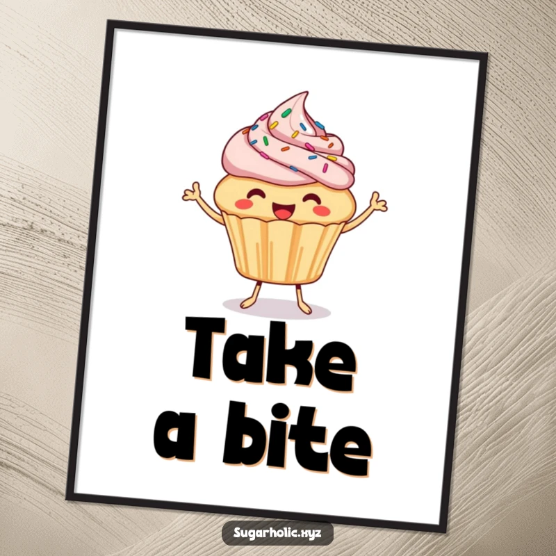 Funny Cupcake Poster: A happy cupcake illustration with sprinkles bounces and offers a bite, perfect for sweet wall art.