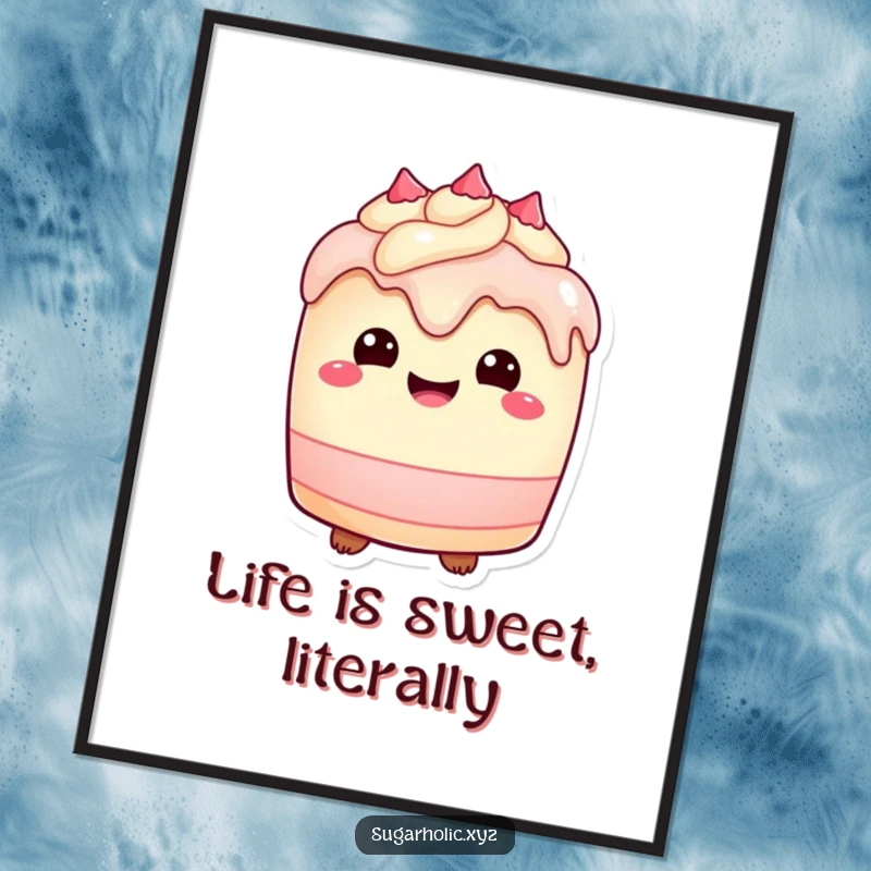 Funny Poster: A plump cake character with a delighted expression and dripping frosting, adding sweetness.