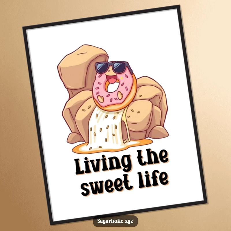 Funny donut wearing sunglasses joyfully sliding down a caramel waterfall, presented as vibrant wall art, a hilarious and sweet decoration.