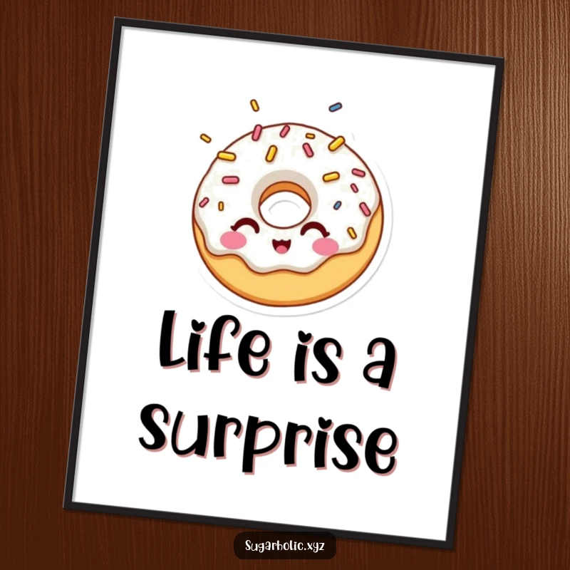 Funny poster of a surprised donut character winking amidst a vibrant explosion of colorful sprinkles, creating a joyful image.