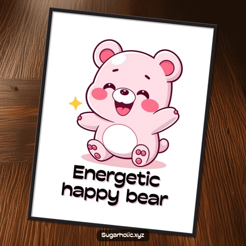 Funny poster art of a grinning gummy bear in an energetic bounce, capturing a sense of pure happiness and lively spirit.