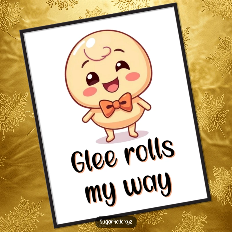 Funny caramel candy character, sporting a bow tie, captured rolling with ecstatic glee on a vibrant poster.