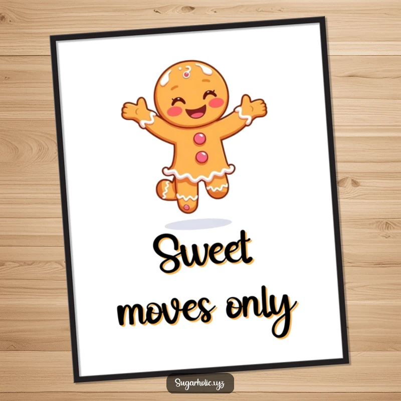Funny poster art featuring a smiling gingerbread man doing a joyful pirouette in sugar, festive wall decor.