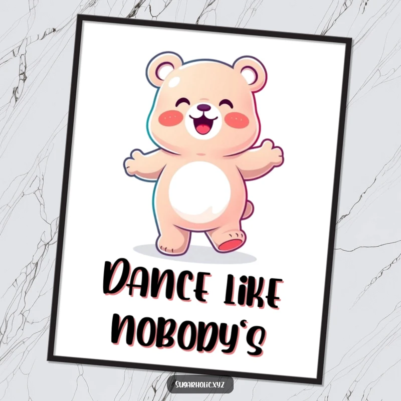 Funny Poster capturing a gummy bear character enthusiastically doing a happy dance, radiating pure joy and vibrant energy.