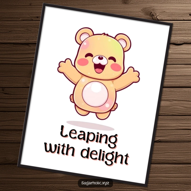 Funny gummy bear poster depicting a delighted character in a celebratory jump, a whimsical and joyful wall decoration.