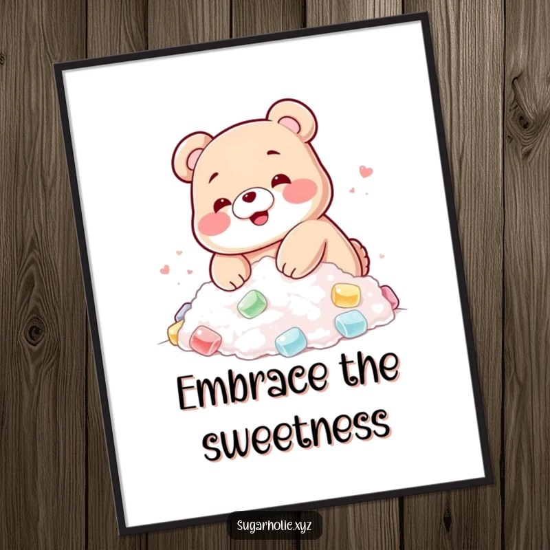 Funny poster art featuring a blushing gummy bear happily diving into a pile of sugar, sweet wall decor.