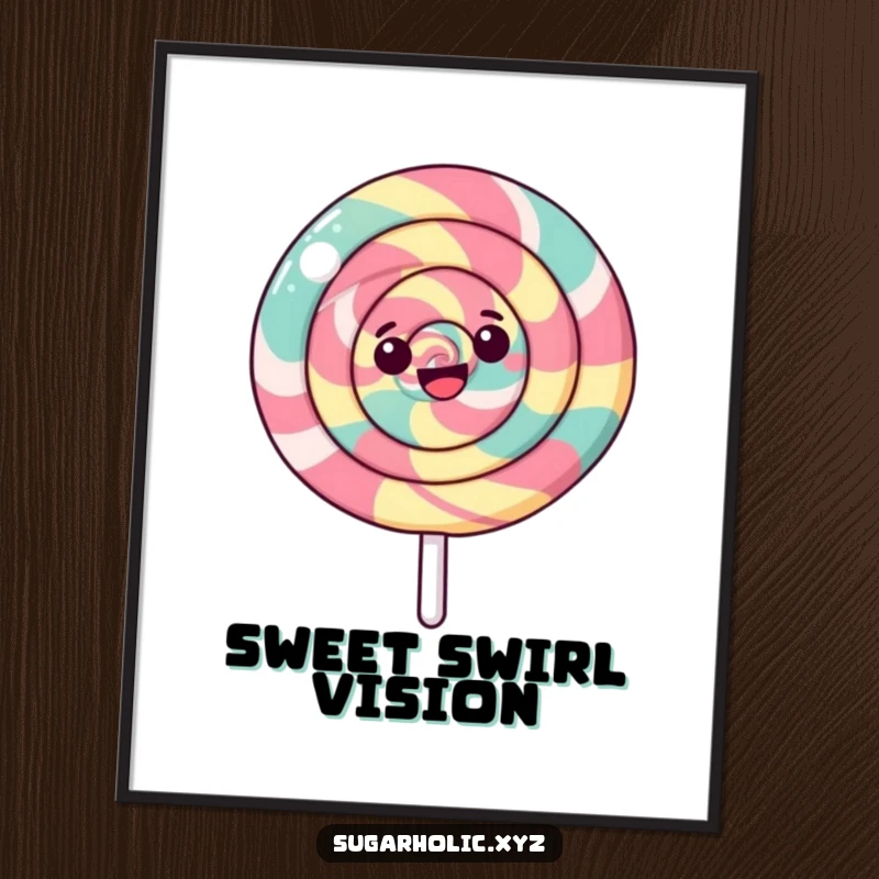 Funny poster art of a happy lollipop with a swirling pattern spinning, capturing a sense of pure joy and sweetness.