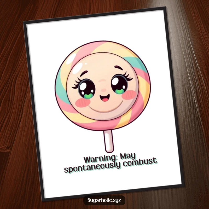 Funny poster showcasing a round lollipop character with wide eyes, radiating intense sugary energy.