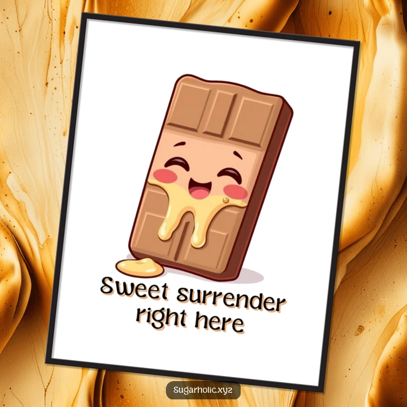 Funny melting chocolate bar poster, a character giggling as it melts slightly, adding humorous and sweet wall decor.